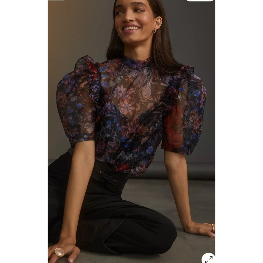 Maeve Anthropologie Floral Sheer Organza Puff Sleeve Tie Back Top Moody Floral